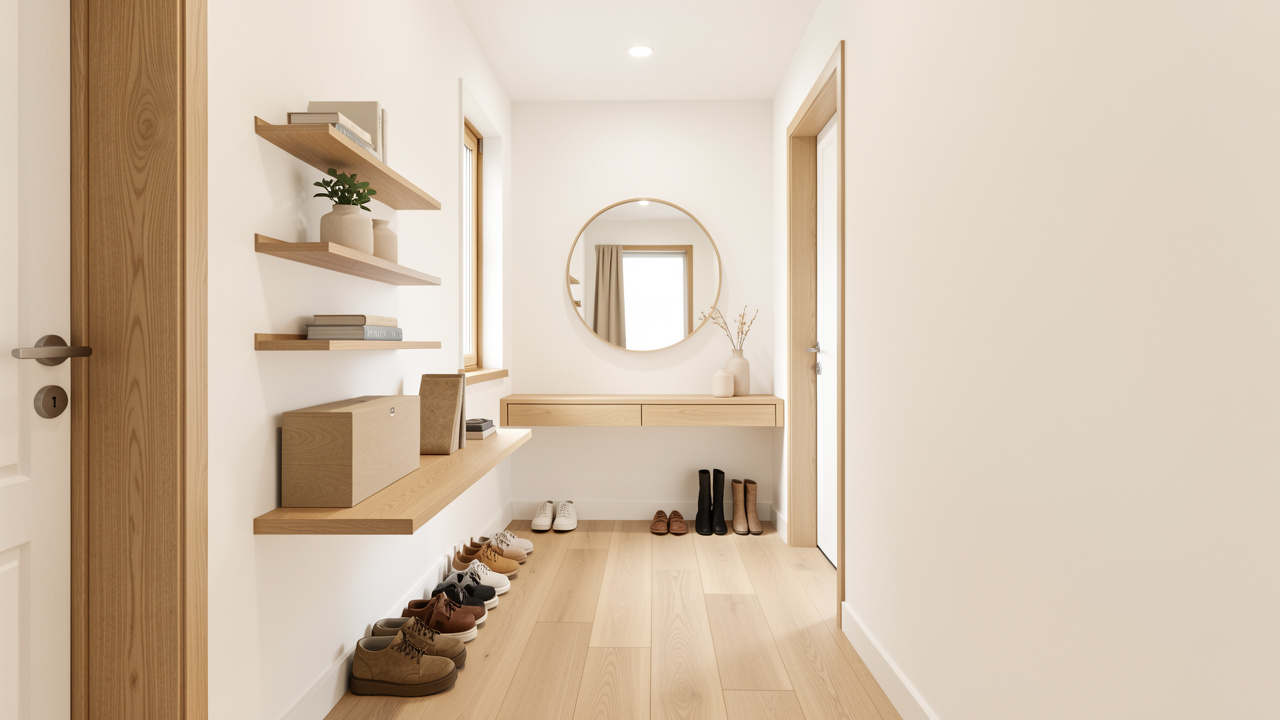 Entrée étroite aménagée avec des rangements muraux et une console peu profonde laissant le passage dégagé.