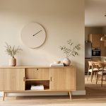 Horloge murale minimaliste sans marquages, placée à hauteur des yeux au-dessus d’un buffet dans un salon ouvert lumineux.