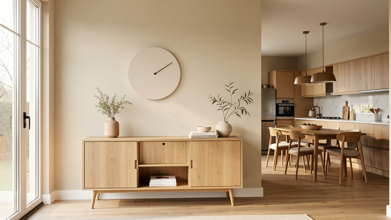 Horloge murale minimaliste sans marquages, placée à hauteur des yeux au-dessus d’un buffet dans un salon ouvert lumineux.