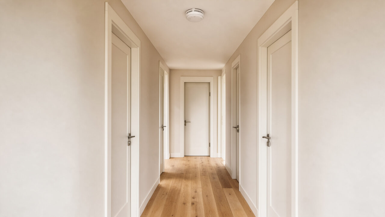 Intérieur de maison contemporain avec un détecteur de fumée fixé au plafond d’un couloir lumineux et des portes de chambres en arrière-plan.