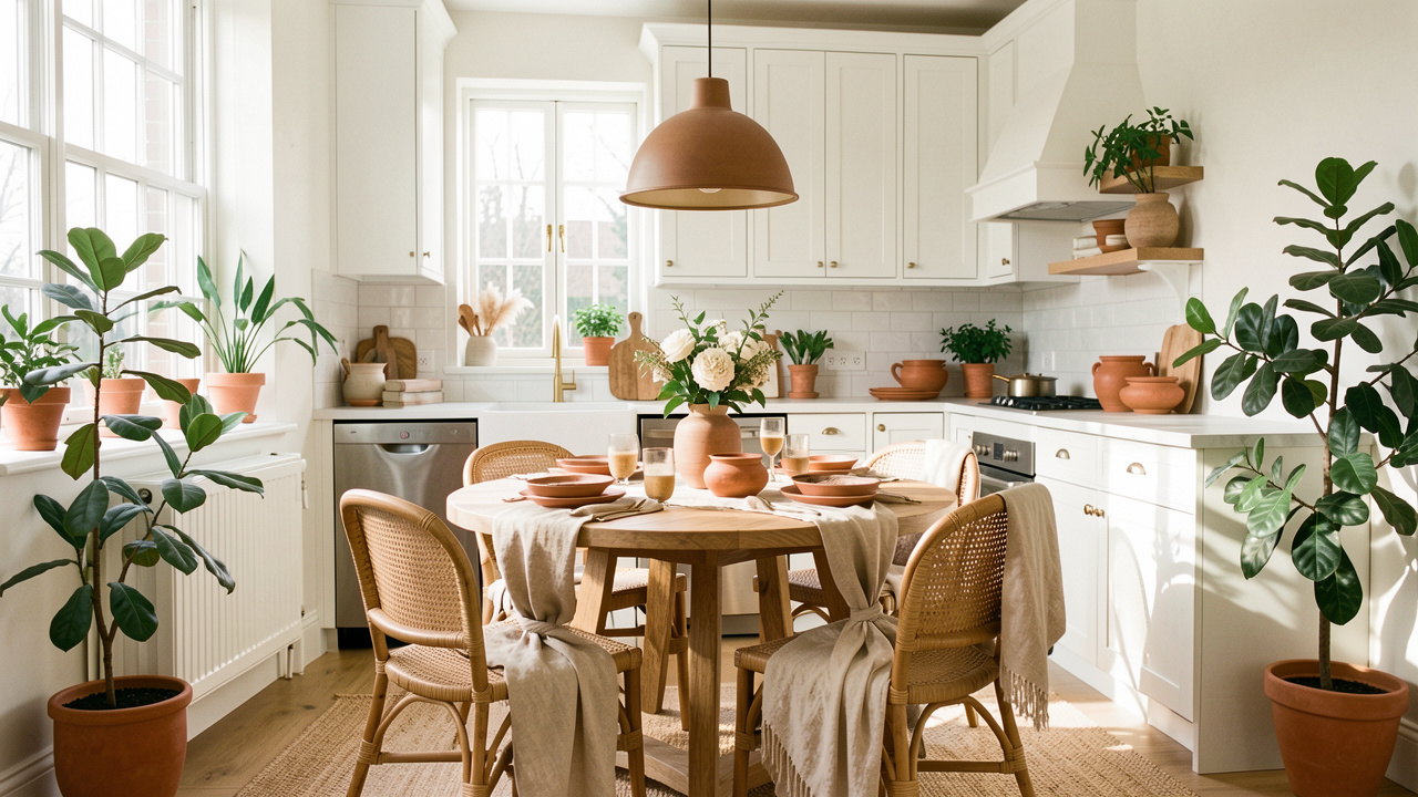 Cuisine blanche réchauffée par une table ronde en bois, des chaises tressées, des textiles beiges, des céramiques terre cuite et des plantes vertes.