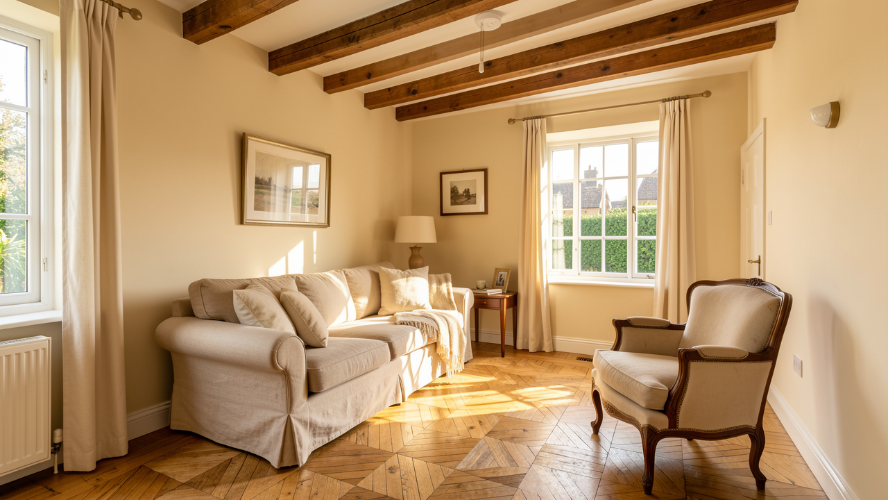 Salon lumineux d’une maison familiale rénovée avec poutres apparentes, parquet ancien, canapé en lin beige, fauteuil vintage et murs blanc cassé.